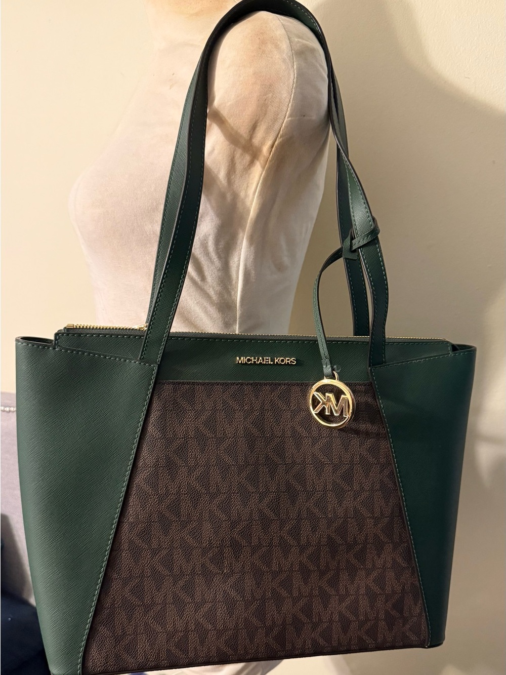 NWT Michael Kors Maddie Medium Tote Moss Green Brown MK Signature